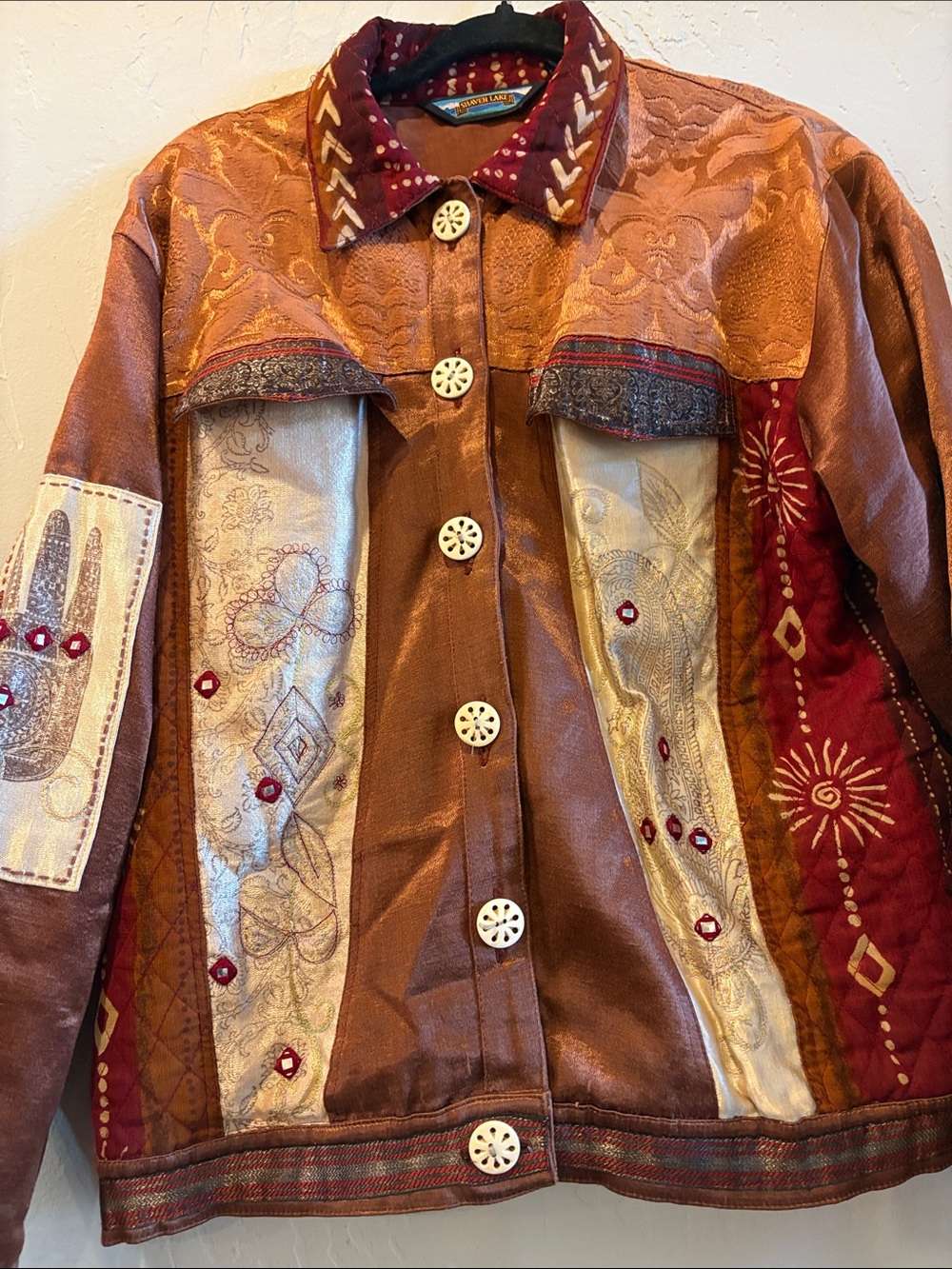 Vintage Embroidered Patchwork Boho Jacket in Rust & Cream
